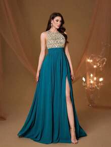 Vestido de noche de cuello redondo y halter nuevo de , vestido de gasa con abertura alta y parches de lentejuelas para fiesta - Verde - Ver 4