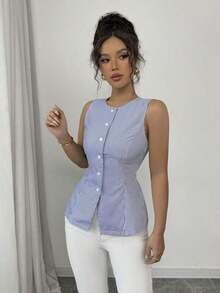 Camisa/chaleco sin mangas a rayas con botones dorados de diseño francés y versatilidad de moda - azul real - Ver 3