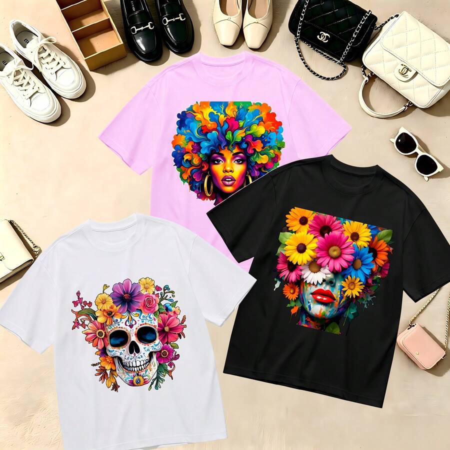 Choose One Of The Three Sets Women's T-Shirt Kawaii Dog 100% Cotton Oversized Soft Breathable Casual Crewneck Short Sleeve Top Retro Summer Vibes Streetwear Aesthetic - 粉色 - 查看 1