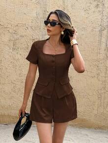 Frenchy Conjunto de 2 piezas de verano para mujer, de unicolor, con cuello cuadrado y manga corta, de estilo minimalista - Café integral - Ver 7