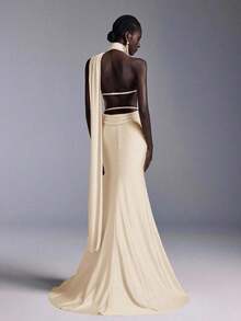 Vestido largo de sirena con espalda abierta y ajustado, de estilo minimalista, adecuado para asistir a fiestas formales, reuniones y galas formales de damas - Albaricoque - Ver 1