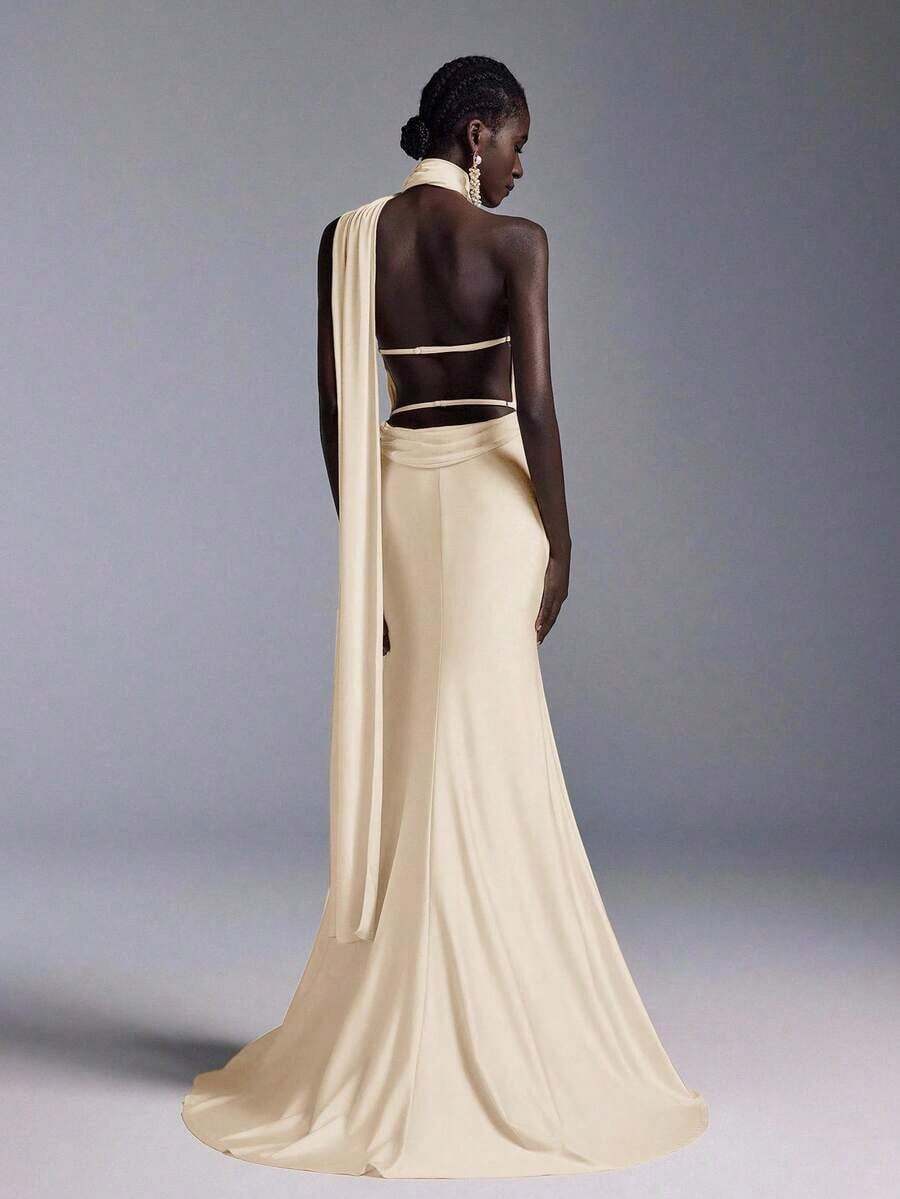 Vestido largo de sirena con espalda abierta y ajustado, de estilo minimalista, adecuado para asistir a fiestas formales, reuniones y galas formales de damas - Albaricoque - Ver 1
