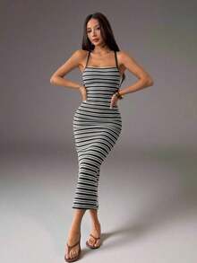 Vestido casual de vacaciones con tirantes finos para mujer - Blanco y Negro - Ver 1