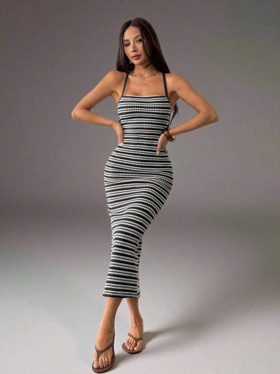 Vestido casual de vacaciones con tirantes finos para mujer - Blanco y Negro - Ver 1
