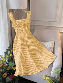 Vestido casual de verano entallado con tirantes finos y corte en A hasta la pantorrilla, en tela a cuadros rojos, para primavera/verano - Amarillo - Ver 2