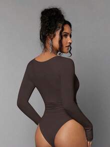 Body De Manga Larga Con Cuello Cuadrado Para Mujer - Café integral - Ver 2