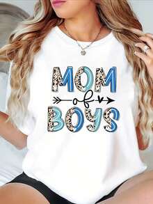 1 pieza de camiseta de mujer de talla grande con diseño de letras "MOM of BOYS" y estampado de leopardo, cuello redondo, estilo casual, para primavera/verano, adecuada para uso diario, compras y fiestas, 180g 100% algodón. - Blanco - Ver 1