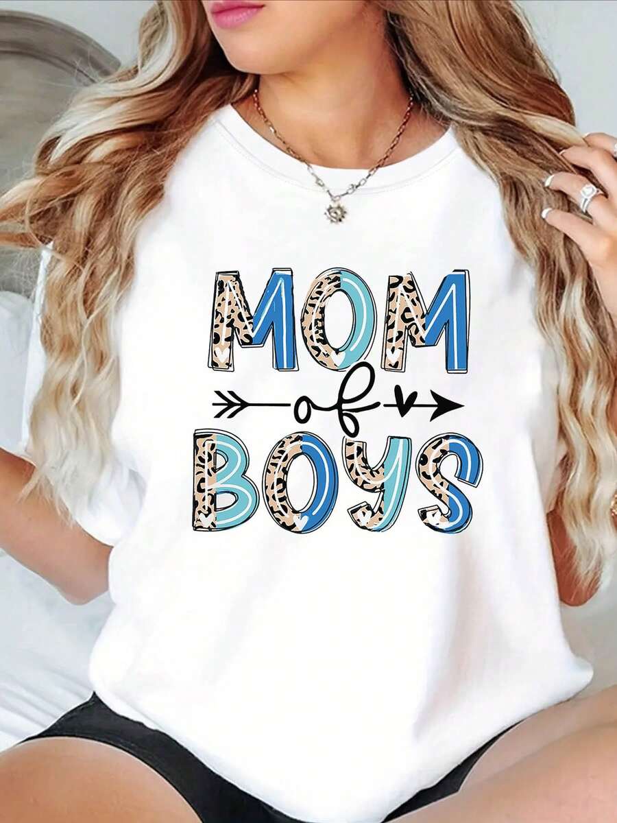 1 pieza de camiseta de mujer de talla grande con diseño de letras "MOM of BOYS" y estampado de leopardo, cuello redondo, estilo casual, para primavera/verano, adecuada para uso diario, compras y fiestas, 180g 100% algodón. - Blanco - Ver 1