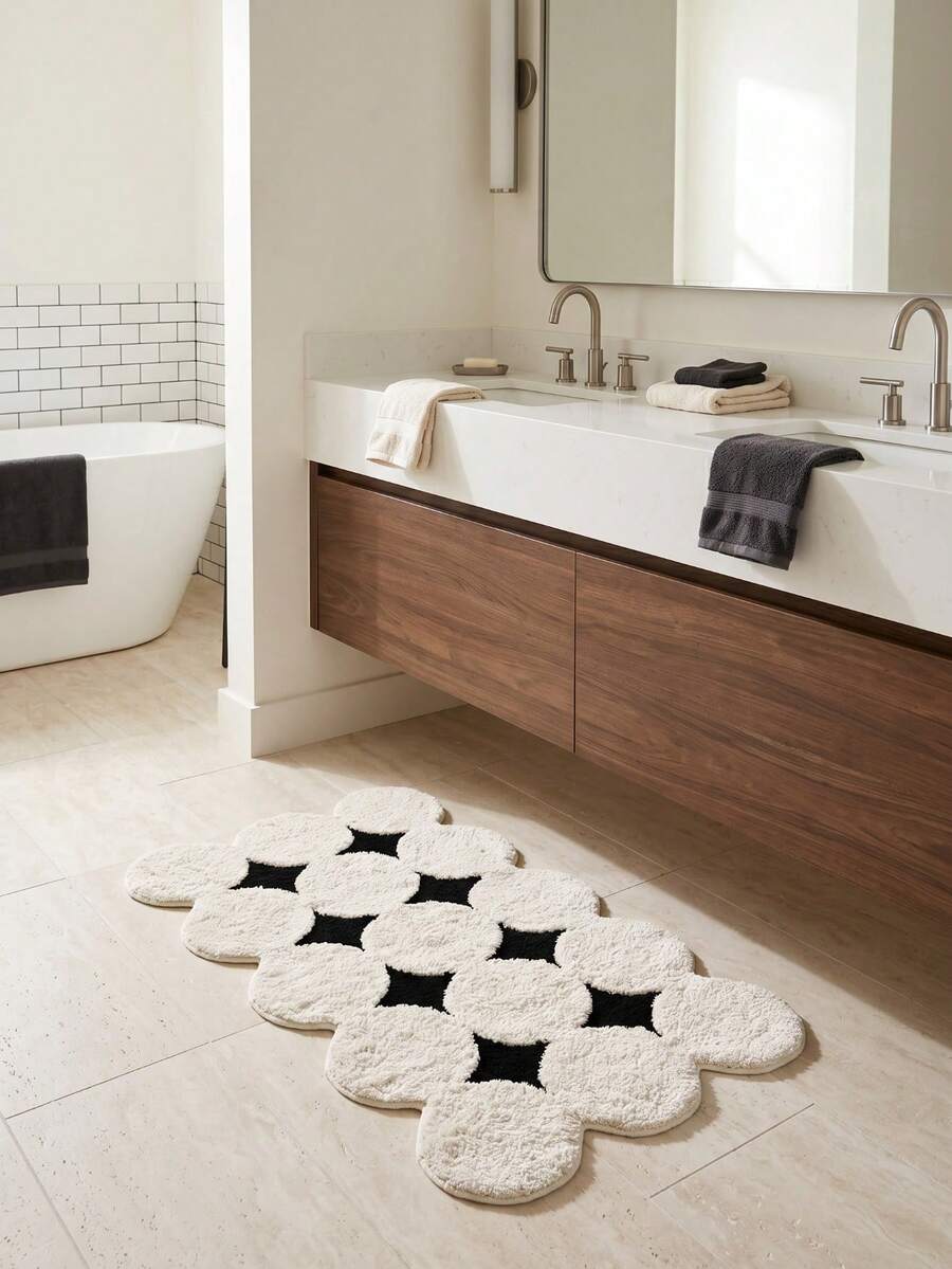 1 buah Keset Kamar Mandi Motif Bintang Persegi Hitam Putih, Karpet Lembut dan Menyerap Air, Cocok untuk Kamar Tidur, Ruang Tamu, Pintu Masuk Dapur, Keset Lantai Dekoratif Pelindung Baru, Karpet Dekorasi Kamar Tidur