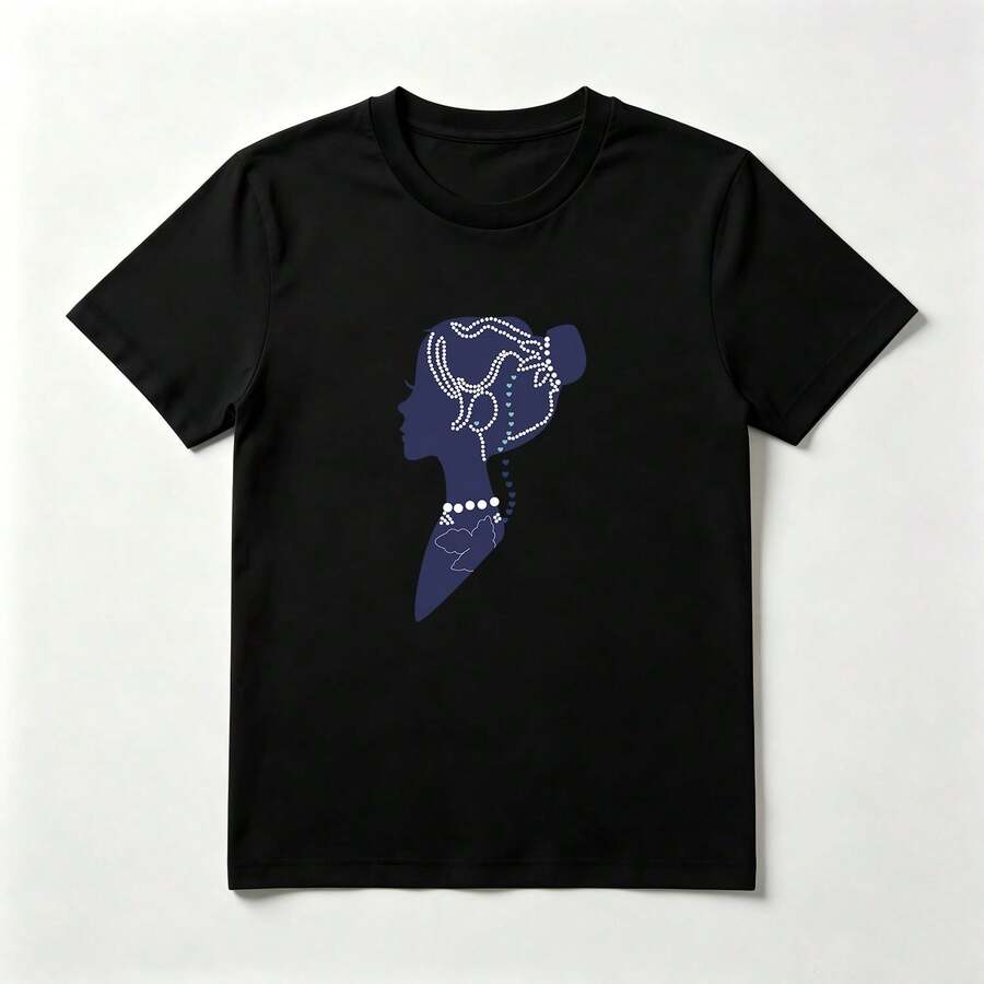 Silueta Femenina Playera de Algodón Negro Elegante con Perlas - Negro - Ver 1