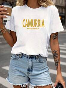 Soft Local Sicilian Style, Made In Sicily, Camurria Made In Sicilia, Printed Text, Women's Short-Sleeved Round Neck T-Shirt, Spring/Summer, New Summer T-Shirt For Women, Casual And Comfortable Round Neck Top. - 白色 - 查看 1