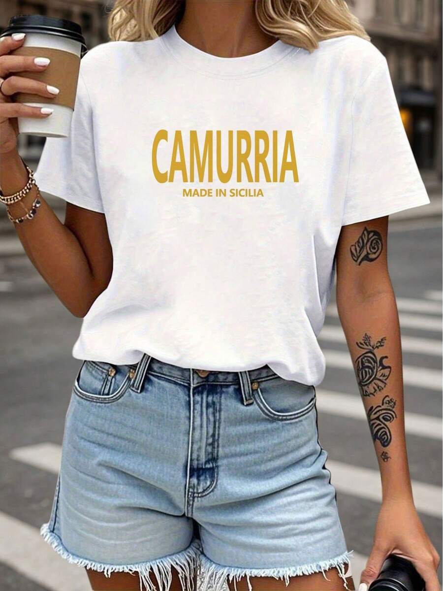 Soft Local Sicilian Style, Made In Sicily, Camurria Made In Sicilia, Printed Text, Women's Short-Sleeved Round Neck T-Shirt, Spring/Summer, New Summer T-Shirt For Women, Casual And Comfortable Round Neck Top. - 白色 - 查看 1