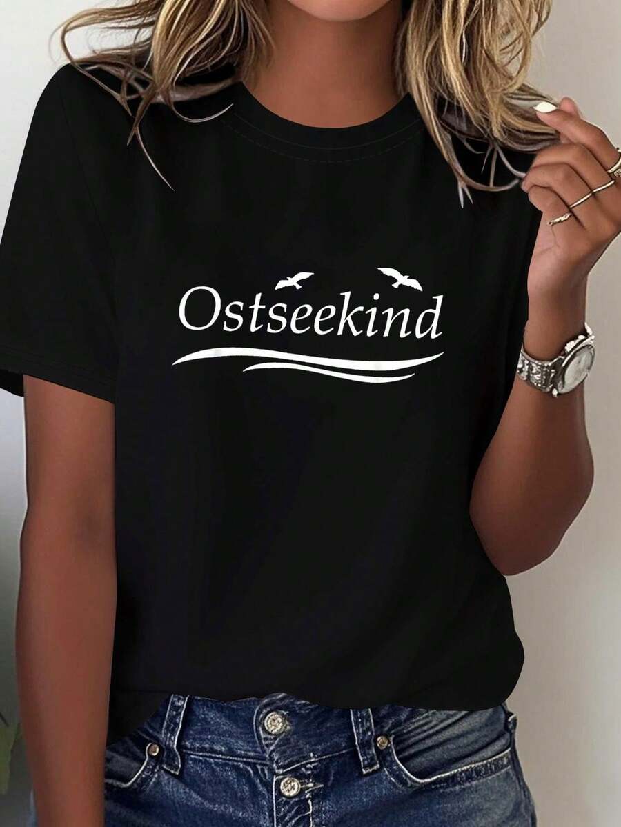Women's Casual Summer T-Shirt, Text Print "I Am A Child Of The Baltic Sea, I Long For The Sea Breeze And Freedom", Round Neck, Short Sleeve, Spring Summer - 黑色 - 查看 1