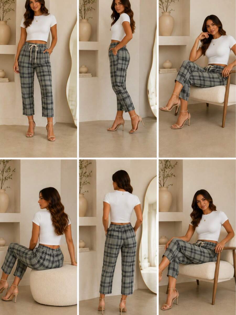 Pantalón Corto pierna recta Cuadros Dama Mujer Casual de Uso Diario Con Bolsas y Cintura Ajustable - Gris - Ver 1