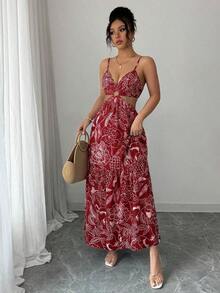 xheElenzga Vestido casual/de trabajo de longitud media sin mangas con estampado que estiliza la línea de la cintura para mujerxhe - Rosa Roja - Ver 6