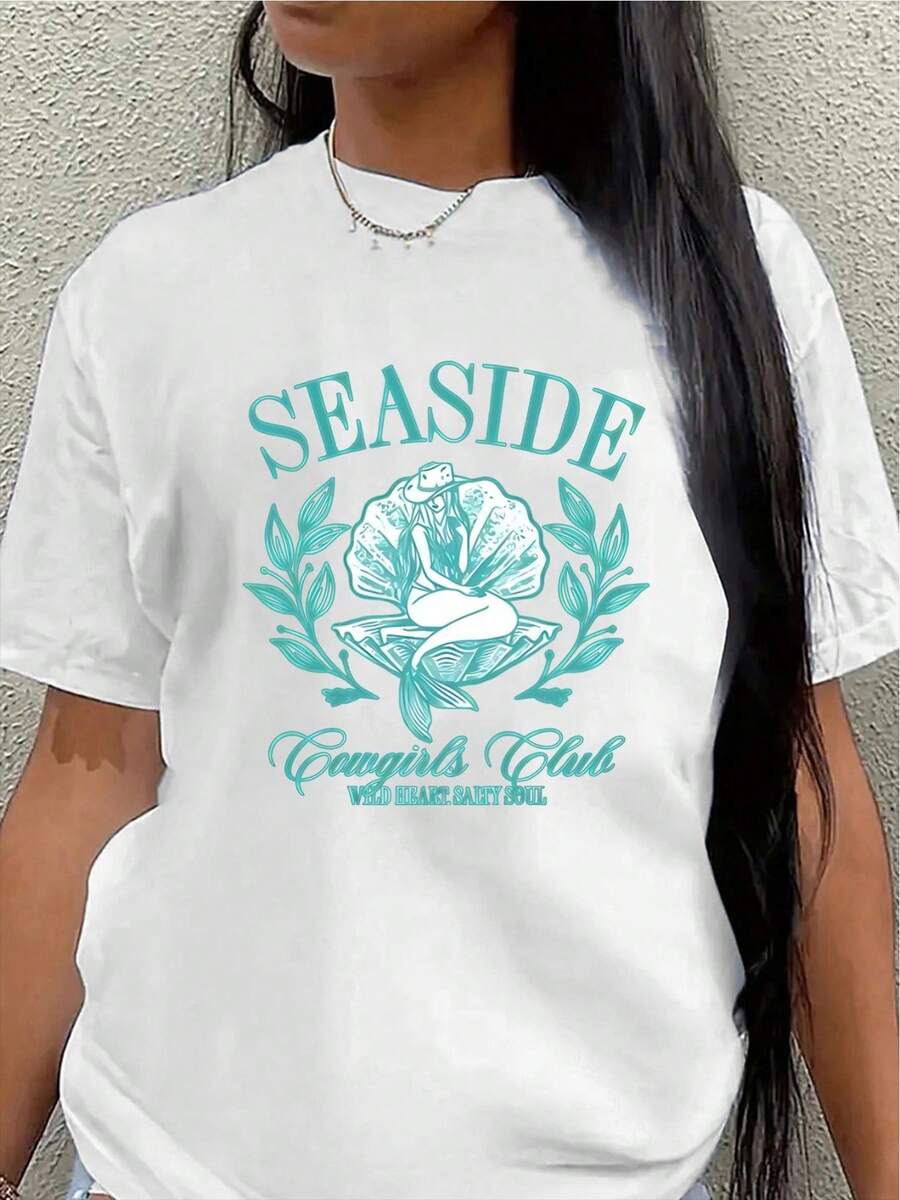 Lightweight And Durable T-Shirt, Designed For The Beach, Camping, And Clubbing, Perfect For Casual Beach Outings Or Outdoor Activities, Featuring A Blue-Green Rose Print And A Comfortable Fit. - 白色 - 查看 1