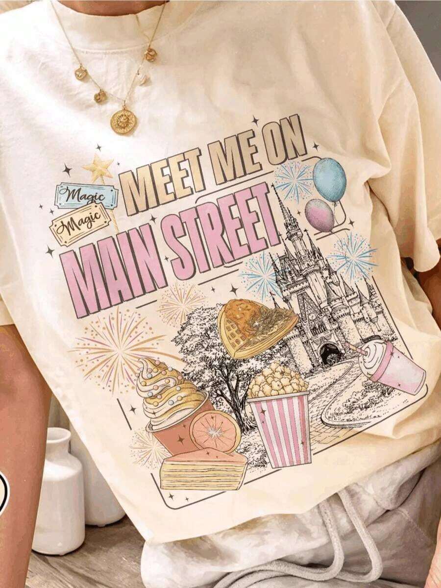 1 pieza de camiseta para mujer, telas cómodas, manga corta, estilo casual, patrón geométrico, primavera/verano/otoño, camiseta "Meet Me On Main Street", camiseta "Magic Kingdom", camiseta vintage "Main Street", camiseta a juego para viajes a parques temáticos, tallas S-2XL, 180g 100% algodón, todos los patrones están impresos. Unisexo. - Estilo-1 - Ver 1
