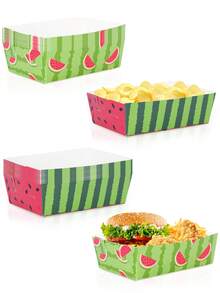 10/20/40pcs Green & Red Watermelon Pattern Paper Food Trays - 5.3" X 3.5" X 1.7" Summer Fruit Theme Snack Boats, For Fries, Nachos, Hot Dogs, Summer Pool Party, BBQ, Baby Shower, Holiday, Event, Birthday Supplies For Men & Women - Multicolor - View 1