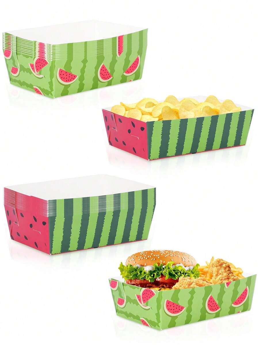 10/20/40pcs Green & Red Watermelon Pattern Paper Food Trays - 5.3" X 3.5" X 1.7" Summer Fruit Theme Snack Boats, For Fries, Nachos, Hot Dogs, Summer Pool Party, BBQ, Baby Shower, Holiday, Event, Birthday Supplies For Men & Women - Multicolor - View 1