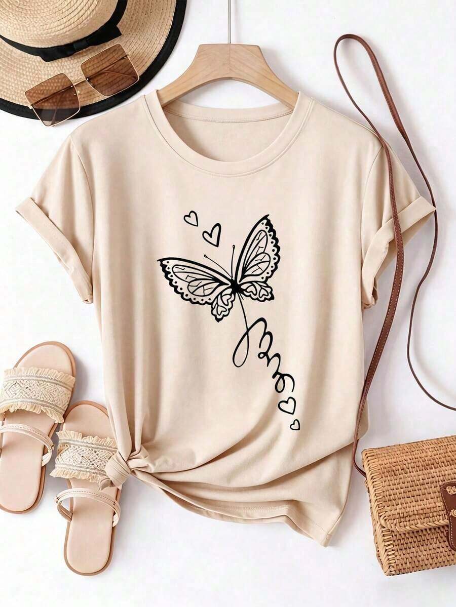 short-sleeveCamiseta de mujer estampada de manga corta para verano, tela de poliéster, estilo multifuncional, corte regular, peso 180 gramos, 1 unidad.100% Cotton - Albaricoque - Ver 1