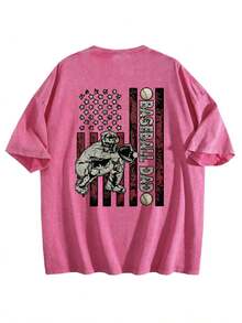 Baseball Dad USA Flag Catcher Washed Pink Graphic Tee,Men's & Women's Vintage Washed 230gsm Heavyweight T-Shirt, Soft Crew Neck Short Sleeve Tee With Retro Graphic & Letter Print, Casual Summer Breathable Layerable Top - 玫紅色 - 查看 1