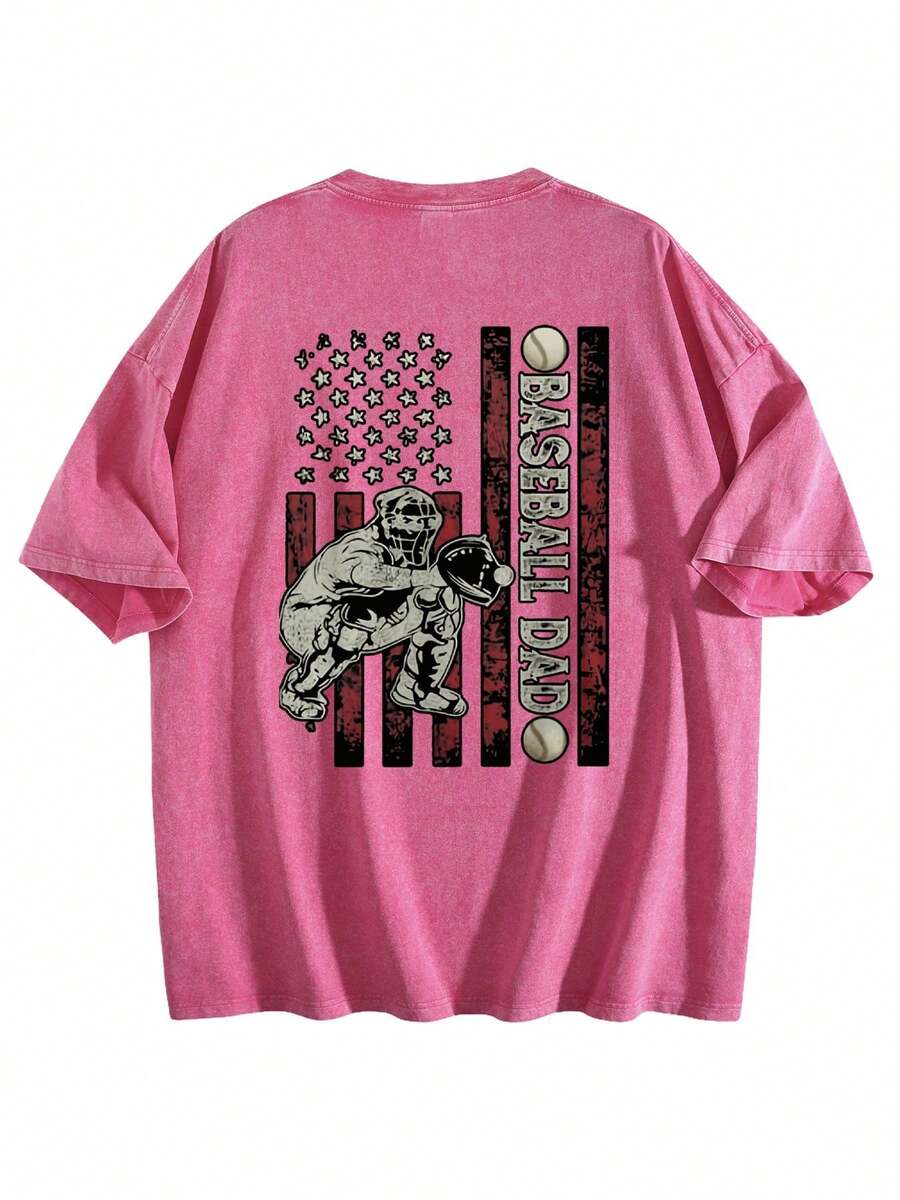 Baseball Dad USA Flag Catcher Washed Pink Graphic Tee,Men's & Women's Vintage Washed 230gsm Heavyweight T-Shirt, Soft Crew Neck Short Sleeve Tee With Retro Graphic & Letter Print, Casual Summer Breathable Layerable Top - 玫紅色 - 查看 1