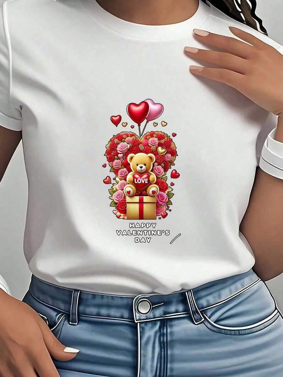 Camiseta de Mujer con Estampado de Oso de Peluche y Corazón de Rosa para el Día de San Valentín, Tejido Cómodo, Perfecta como Regalo - Estilo Vintage Urbano, Unisex, de Algodón, Manga Corta, Cuello Redondo, Blusas para Mujer. blusas.blusas casuales para dama.Impresión de osos cariñosos.Camiseta estampada Impresión de osos cariñosos. - Blanco - Ver 1