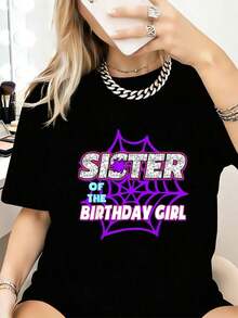 Camiseta de de araña para la hermana de la cumpleañera - Camisetas gráficas casuales de moda para mujeres - Camisetas de uso diario,Prendas callejeras de estilo fiesta y carnaval con blusas transpirables para uso diario y actividades. - Negro - Ver 1