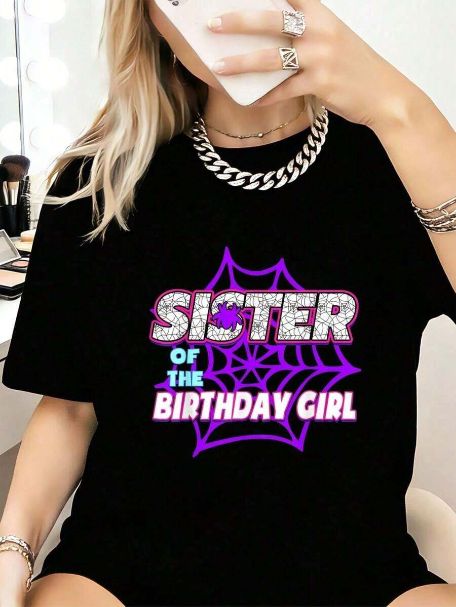 Camiseta de de araña para la hermana de la cumpleañera - Camisetas gráficas casuales de moda para mujeres - Camisetas de uso diario,Prendas callejeras de estilo fiesta y carnaval con blusas transpirables para uso diario y actividades. - Negro - Ver 1