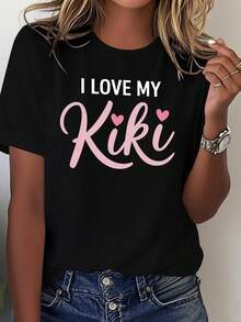 Camiseta de Verano para Mujer Cozy Comfy Lounge, camiseta casual con estampado de corazón rosa "I Love My Kiki", top de moda para mujer, camiseta casual de manga corta con cuello redondo de algodón puro, transpirable y suave, imprescindible para el uso diario casual, el regalo perfecto para ella, ropa de casa suave y relajada. - Negro - Ver 11
