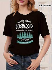 Y2K German Text DORFMÄDCHEN Unique Country Style: Women's German Country Girl Slogan T-Shirt, Casual Short Sleeve Crew Neck Top For Spring/Summer, Summer Streetwear With Graphic Print - 黑色 - 查看 2