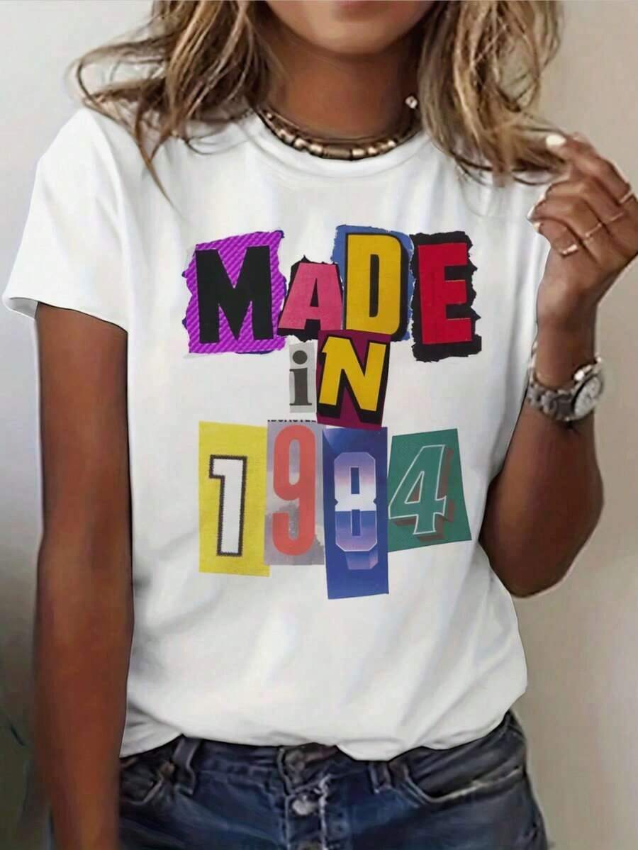1 Piece Of Casual Short-Sleeved Crew Neck T-Shirt, Featuring A 1984 Birthday Rescue Letters Print, Perfect For Spring And Summer, Designed For Women, 180g, 100% Cotton. - White - View 1
