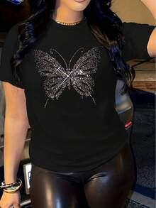 Vibrant Butterfly Graphic Print Crew Neck Short Sleeve T-Shirt - Soft Mid - Semi-Sheer, Regular Length, Machine Washable, Perfect for Summer and Spring - Womens Casual Wear - Svart - Visa 1