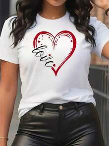 1 Piece Of White T-Shirt With Heart Print For Women, Unisex Casual Style, Round Neck, Lightweight Fine Knit Fabric, Machine Washable, For Spring/Summer/Autumn, Valentine's Day/Christmas/New Year, 180g, 100% Cotton. - 白色 - 查看 1