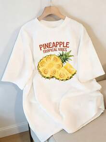 Premium Women's Short Sleeve T-Shirt With Bold Pineapple Print | Loose Fit, Suitable For Casual Outings, Beach Days, And Everyday Wear, Featuring Vibrant Tropical-Style Artistic Prints, Comfortable And Lightweight Fabric, Perfect For Relaxed Summer Style. . - 白色 - 查看 1