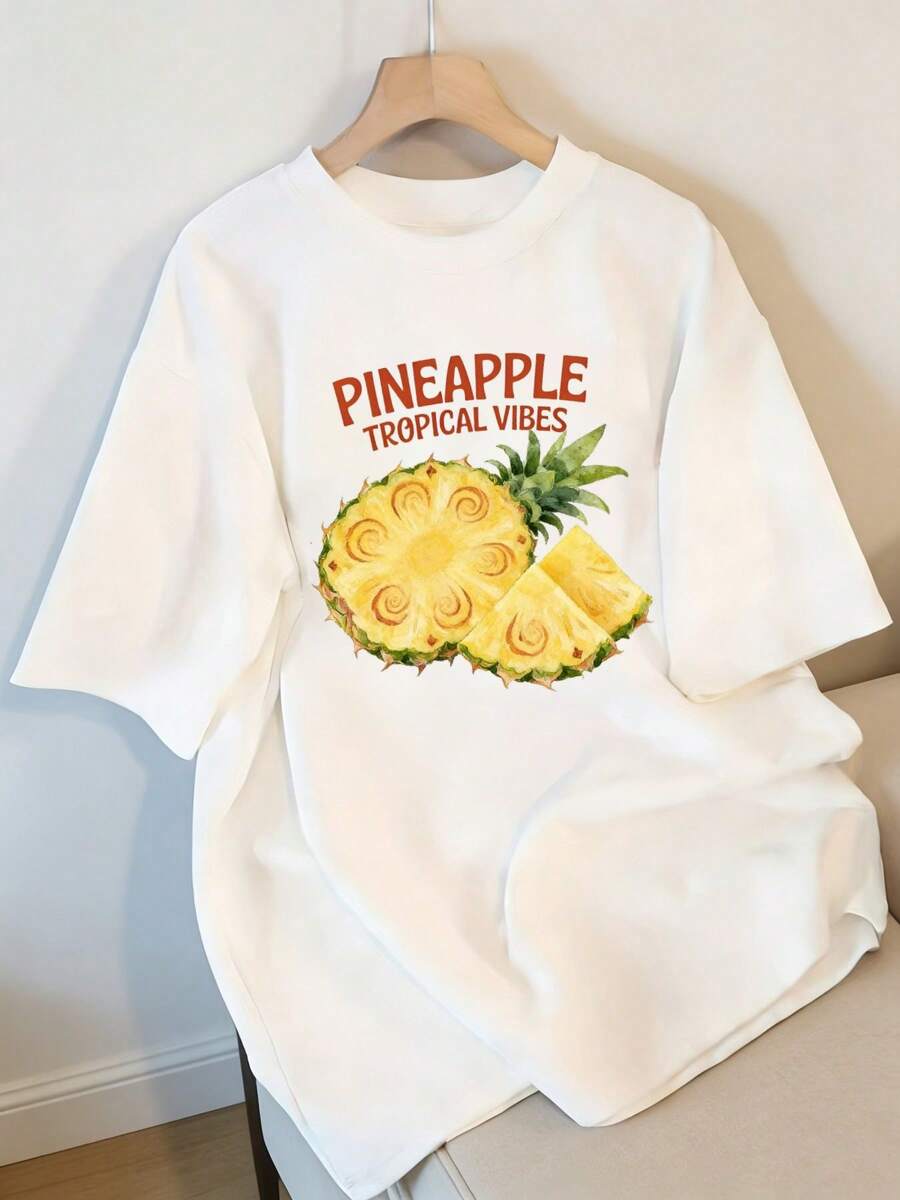 Premium Women's Short Sleeve T-Shirt With Bold Pineapple Print | Loose Fit, Suitable For Casual Outings, Beach Days, And Everyday Wear, Featuring Vibrant Tropical-Style Artistic Prints, Comfortable And Lightweight Fabric, Perfect For Relaxed Summer Style. . - 白色 - 查看 1