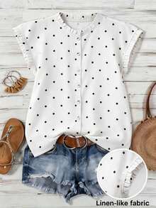 Blusa de mujer con cuello redondo, sin mangas, abotonada, con volantes y estampado de lunares vintage francés, versátil para el trabajo, el té de la tarde y el uso diario, suelta y casual - Blanco - Ver 1