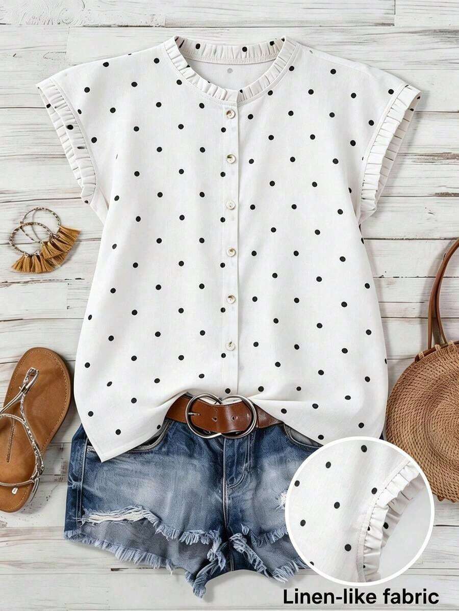 Blusa de mujer con cuello redondo, sin mangas, abotonada, con volantes y estampado de lunares vintage francés, versátil para el trabajo, el té de la tarde y el uso diario, suelta y casual - Blanco - Ver 1