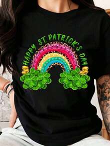 Camiseta de Celebración del Día de San Patricio con Estampado de Leopardo Arcoíris y Trébol para Mujeres, Hombres y Unisex, Estilo Casual - Negro - Ver 6