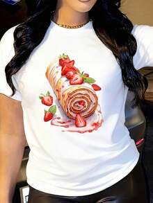 Camiseta de Mujer con Estampado de Pastel de Fresas - Suave, 100% Algodón, Manga Corta Casual, Corte Holgado, Cuello Redondo, Diseño de Dibujos Animados en Negro con Rojo y Blanco, 180 g/m², Para Primavera, Verano y Otoño, Lavable a Máquina, Ropa Casual, Camiseta de Fresas, Top de Verano, Diseño Divertido, Ajuste Cómodo - Blanco - Ver 1
