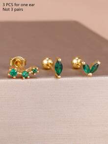 3件套时尚18K镀金耳钉套装，女士不锈钢立方氧化锆叶子花朵气质耳环饰品 - 1-Gold-3pcs - 查看 5