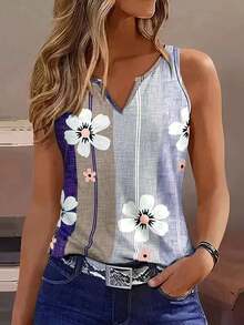 Selamara Blusa sin mangas de verano para mujer con estampado de mariposas y flores, cuello en V, diseño de cuello elegante, ajuste delgado, casual - Multicolor - Ver 1