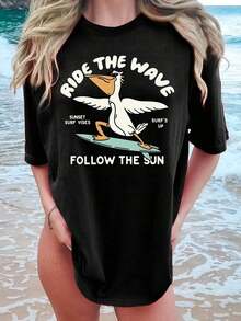 % Premium Cotton-Shirt [Gu Laoshi Exclusive] Ride Wave Surfing Duck Vacation Print Short-Sleeve Round-Neck-Shirt Soft Classic Fit Tee Everyday Wear, - Black - View 1