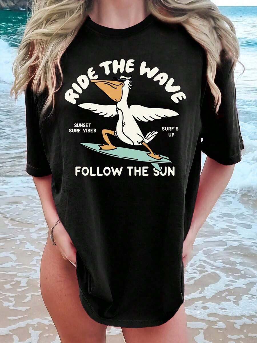 % Premium Cotton-Shirt [Gu Laoshi Exclusive] Ride Wave Surfing Duck Vacation Print Short-Sleeve Round-Neck-Shirt Soft Classic Fit Tee Everyday Wear, - Black - View 1