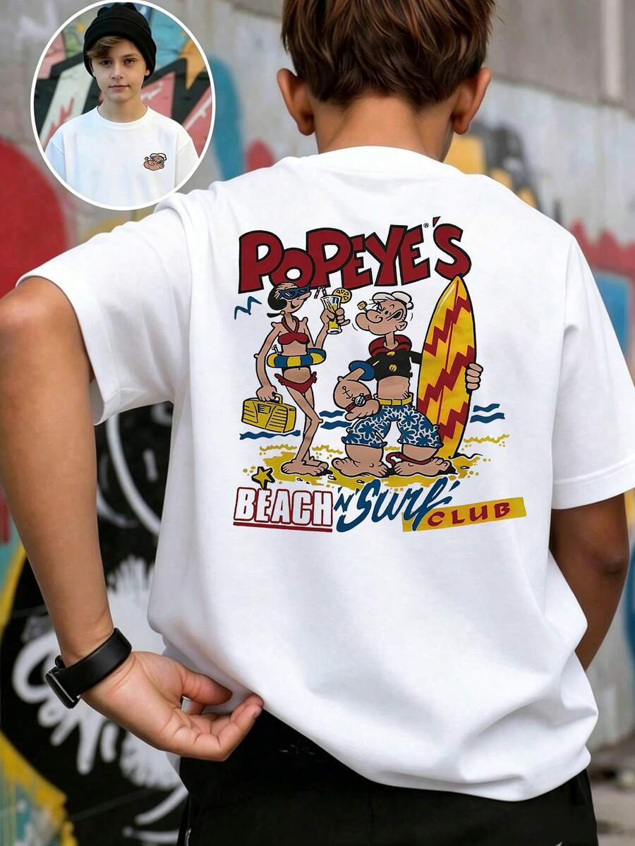 Popeye 【大力水手联名款】男童休闲印花圆领短袖T恤,夏季学生青少年服装 - 一件引人注目的T恤,为每个孩子带来欢乐和幸福! - 白色 - 查看 1