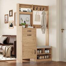 Garderoben-set, Wandgarderobe, Flurgarderobe Set mit Schuhbank, Garderoben Set mit 4 Kleiderhaken, 1 Schubladen und 2 Türen - Natur + Weiß + Spanplatte-1 - Übersicht 6