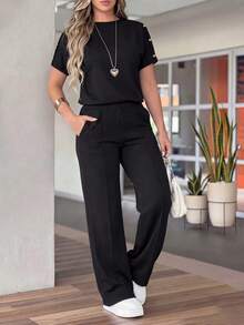 Women's New Round Neck Short Sleeve T-Shirt And Elastic Waist Loose Pants 2-Piece Set, Casual Daily Wear, Spring/Summer Elegant - Black 1 - View 7