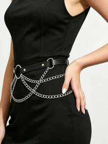 Sabuk Pinggang Kulit Hitam Wanita Gaya Gothic Terlaris dengan Rantai Berlapis Perak, Sabuk Pinggang Dekoratif Rantai Multi-Lapisan Gaya Punk - Hitam - View 6