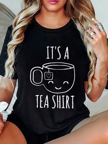 Plus Size Women's Casual Essential One-Piece Summer T-Shirt With "This Is A Tea-Stained Shirt" Print And A Smiling Teacup Design, Suitable For Tea Breaks And Leisure Time, Stylish Women's Clothing, Style: Round Neck, Short Sleeve, Loose Fit, A Gift For Yourself/Family/Partner/Friends, Fun Design, Soft Cotton Loungewear For Everyday Wear. - 黑色 - 查看 8
