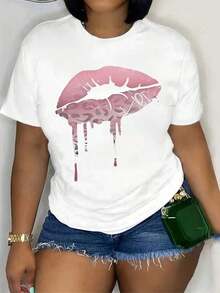 Lip Print T-Shirt, Short Sleeve, Round Neck, Casual Top, Summer And Spring, Women's Clothing, Women's T-Shirts - 白色 - 查看 1